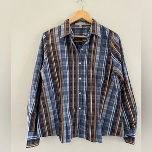 Foxcroft Blue and Brown Plaid Button-Down Shirt